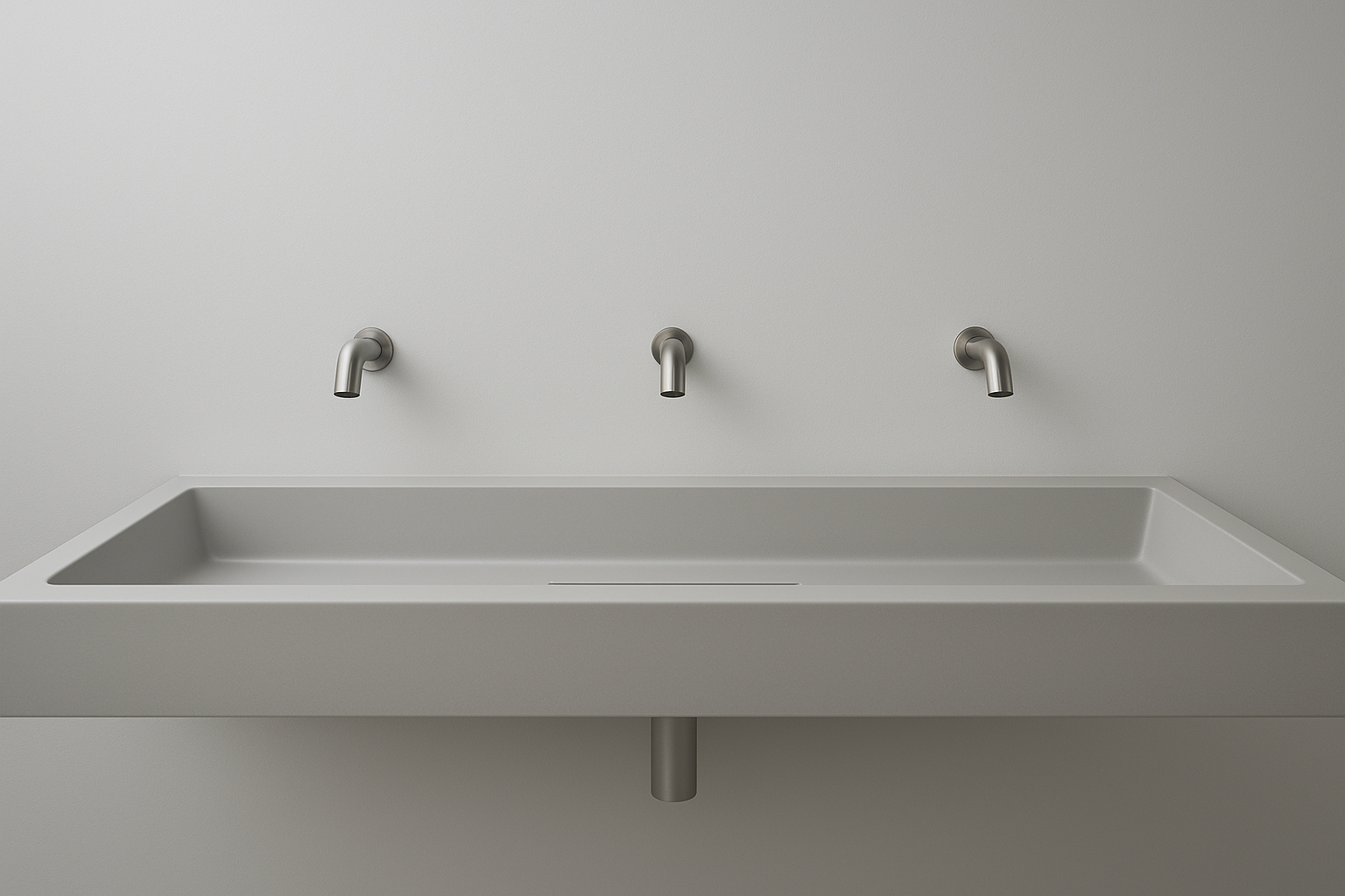 Minimalist sink with three stainless steel faucets mounted on a white wall, featuring a smooth rectangular basin.