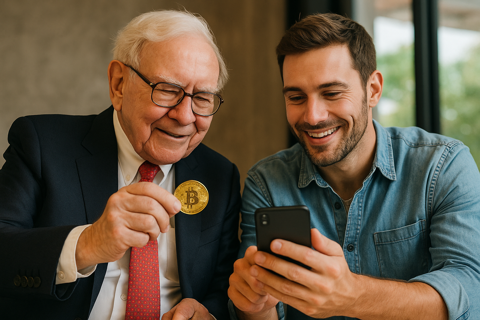2 man holding bitcoin and phone