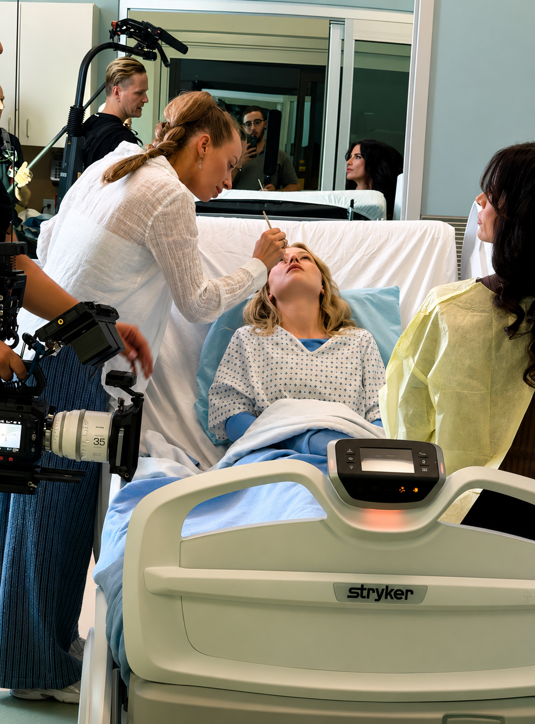 Viktoriia Riaboshapka (left) at work on set.