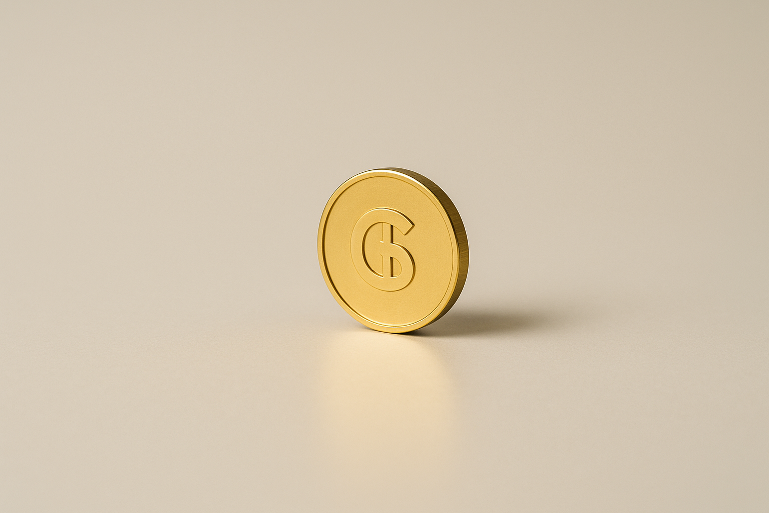 A single gold coin stands upright on a plain, light-colored surface.