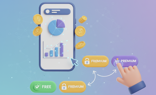 3D illustration of a mobile phone displaying charts, with a hand tapping a "PREMIUM" button and options for Free and Freemium.