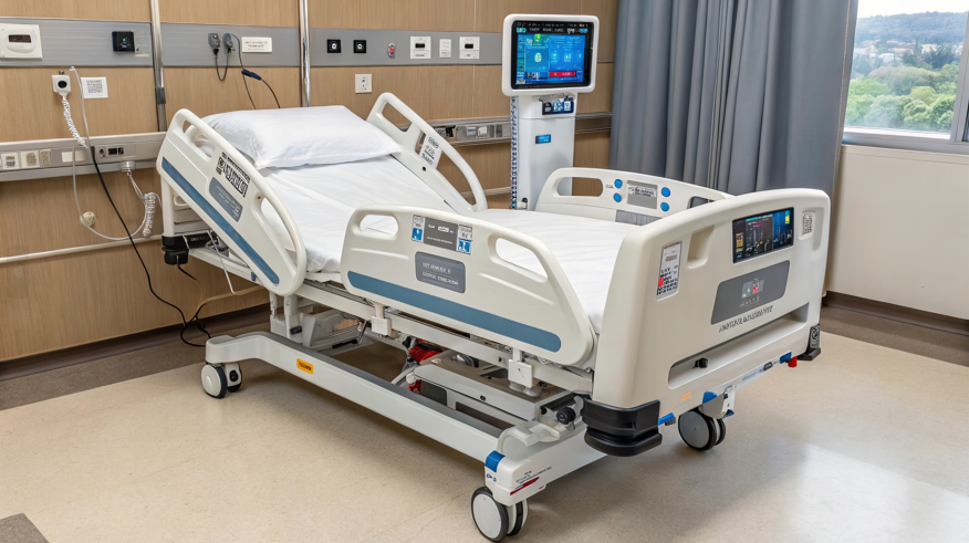Modern, empty hospital bed with medical equipment and monitors in a clean hospital room.