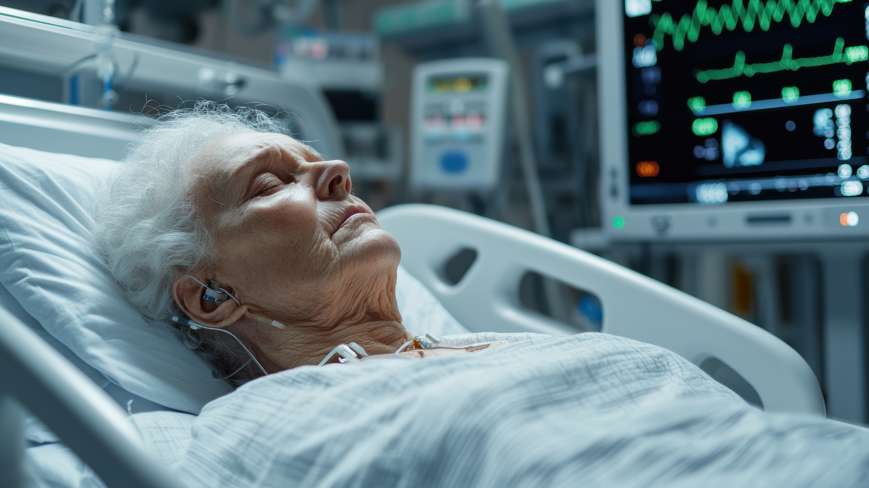 Elderly woman lying unconscious in a hospital bed, connected to monitoring equipment.