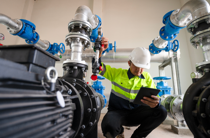 Worker in high-visibility uniform inspecting large industrial pipes and valves.
