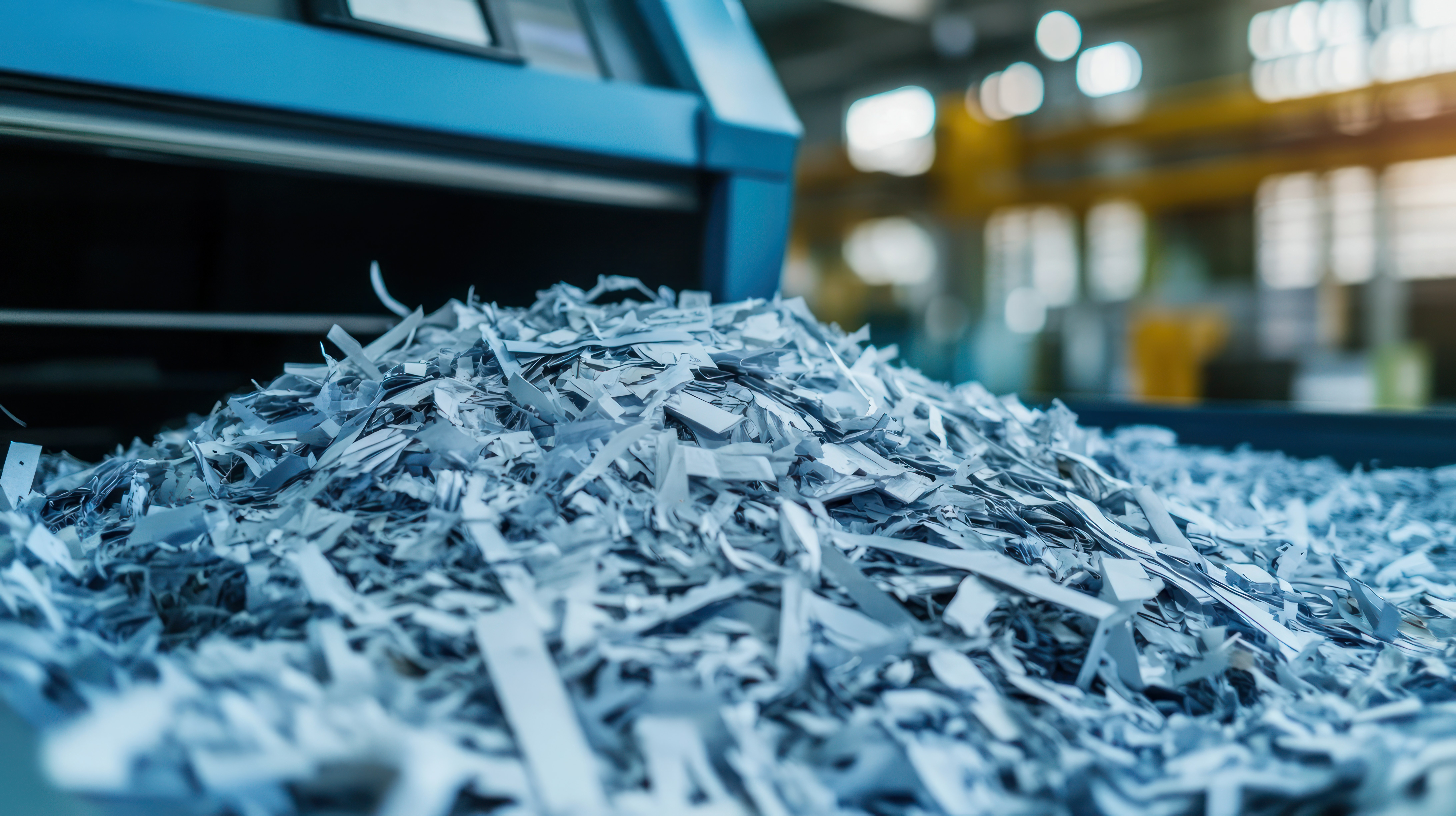 Pile of shredded paper with a blue industrial shredder in the background.