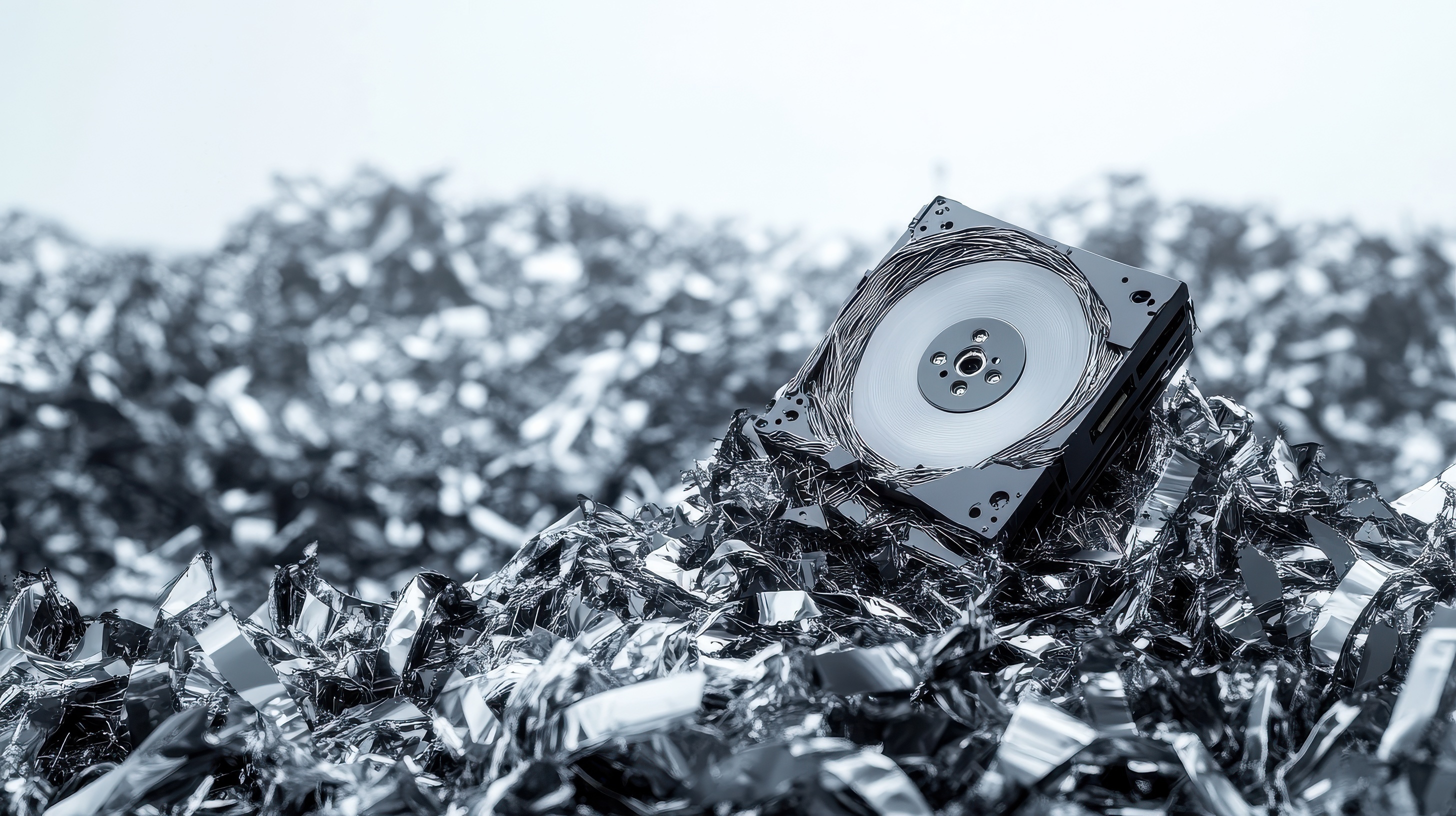 A pile of shiny, crumpled metallic tape surrounds a deconstructed hard drive platter.