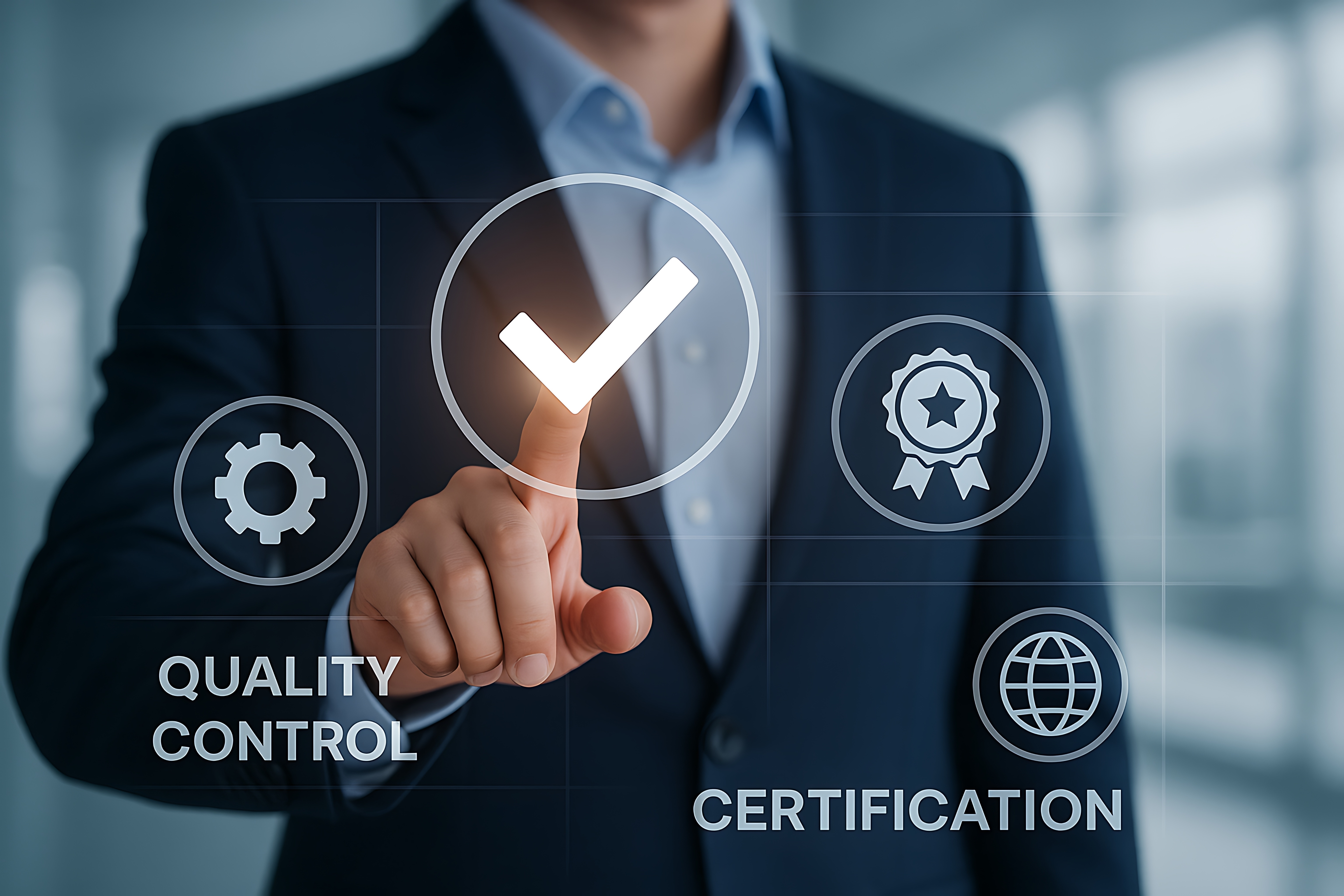 Businessperson pressing a digital checkmark icon, surrounded by symbols for quality control and certification.