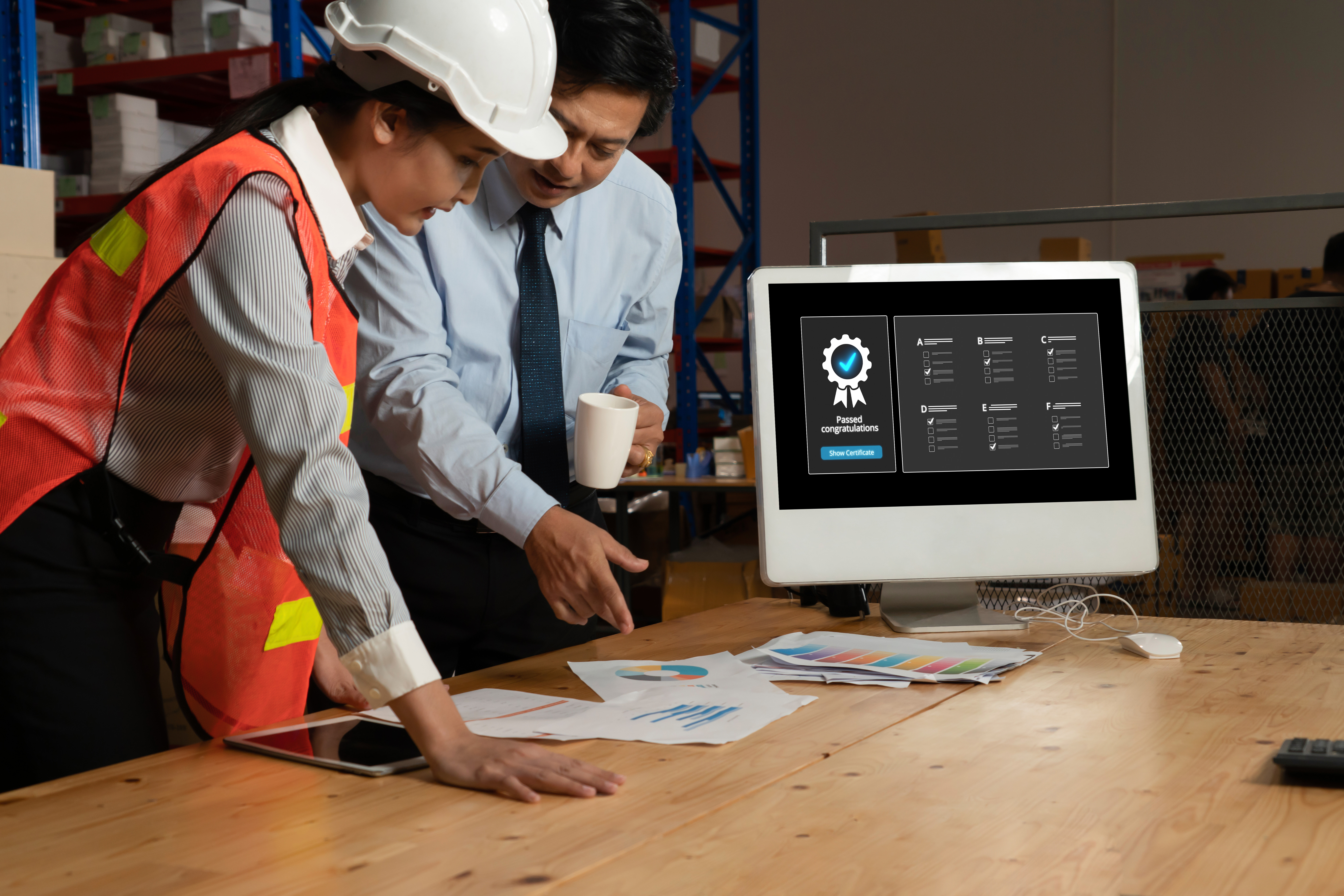 Engineer and manager reviewing charts at a desk, with a certification dashboard displayed on a nearby monitor.