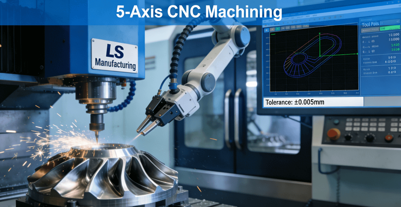 A 5-axis CNC machine actively machining a complex aerospace turbine blade, with a robotic arm in the background.