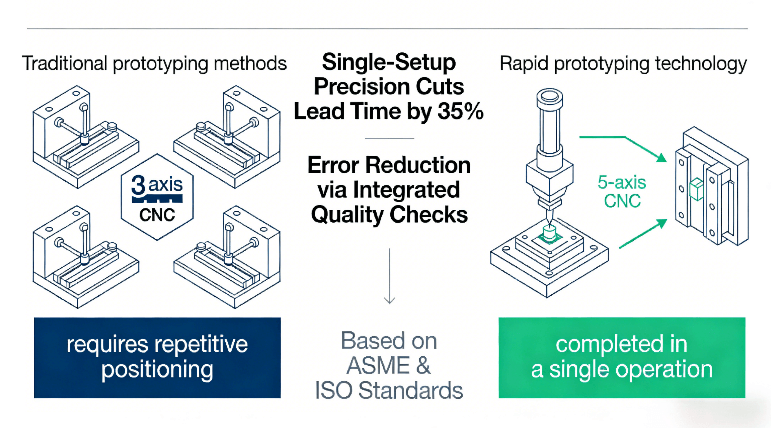 Infographic comparing traditional multi-setup prototyping errors with advanced 5-axis CNC single-setup machining, demonstrating 35% faster lead times and higher accuracy for complex parts