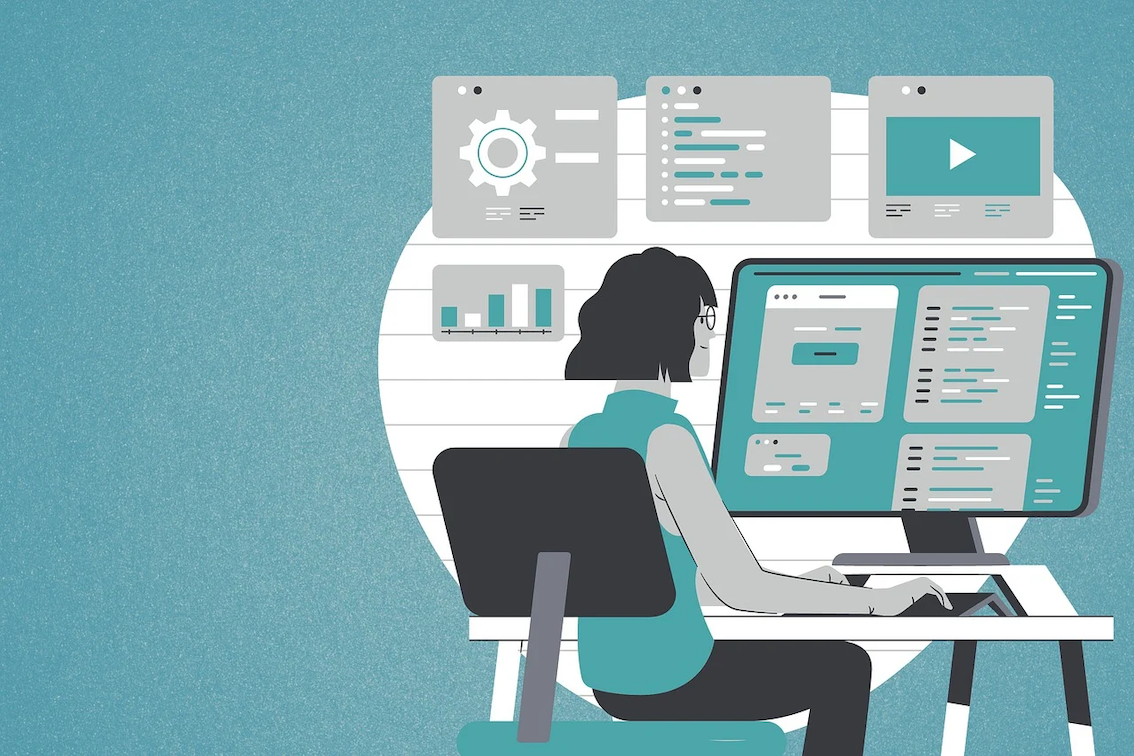 Digital illustration of woman sitting at desk working at computer on CRM 