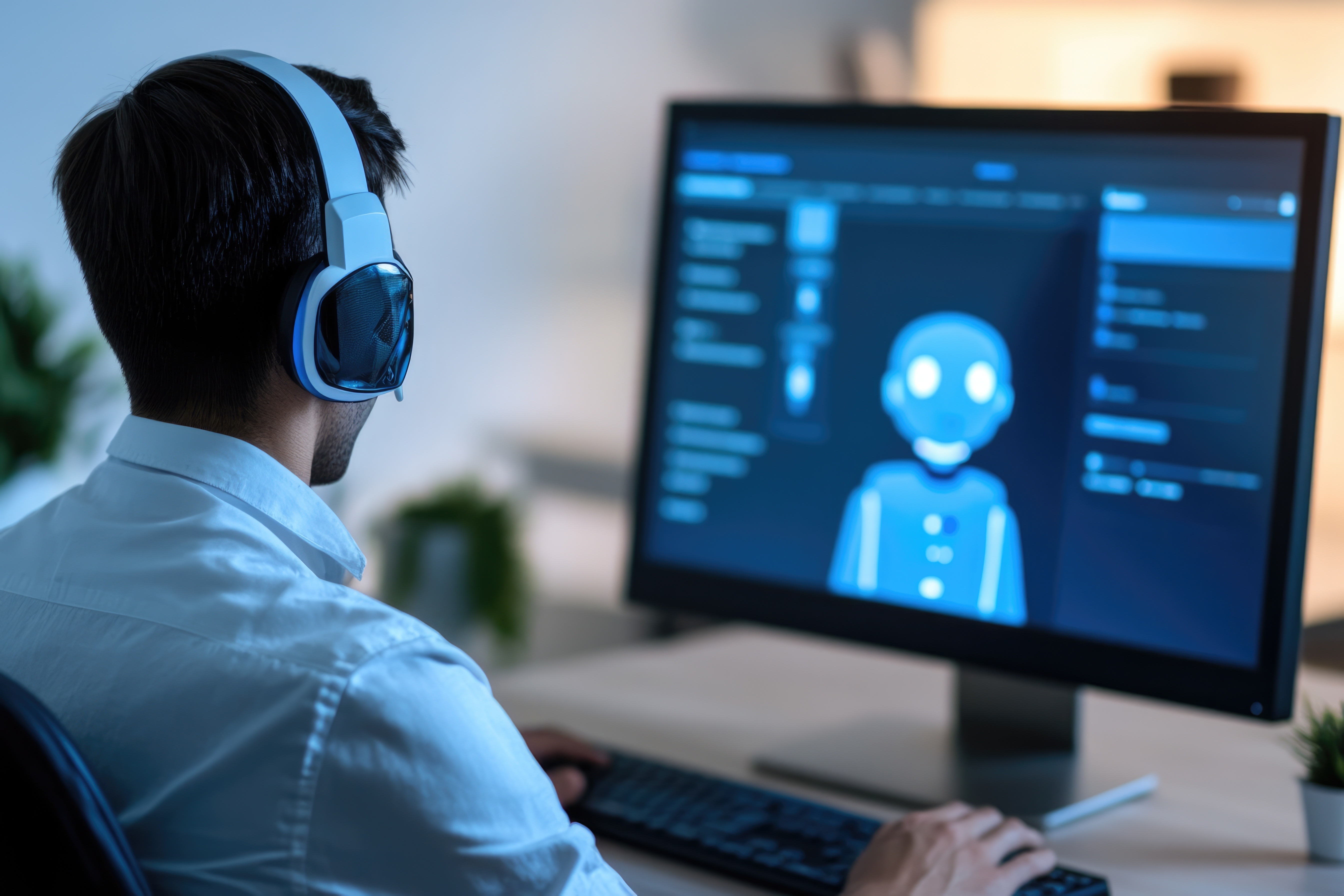 A person wearing headphones sits at a desk, using a computer with a blue interface on the screen showing a humanoid figure and menu options.