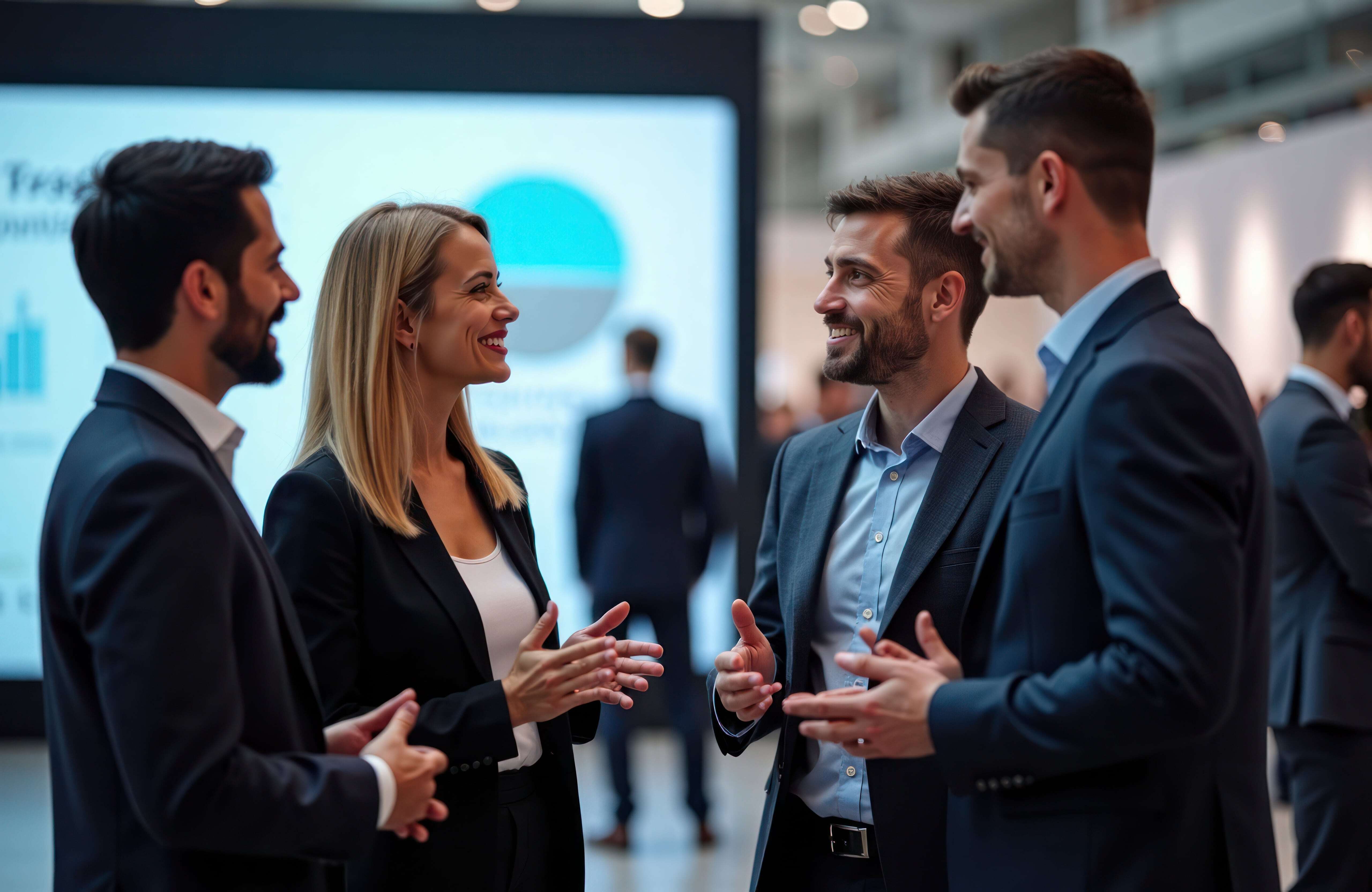 A group of professionally dressed businesspeople smiling and engaging in conversation at a corporate networking event, with a presentation screen blurred in the background.