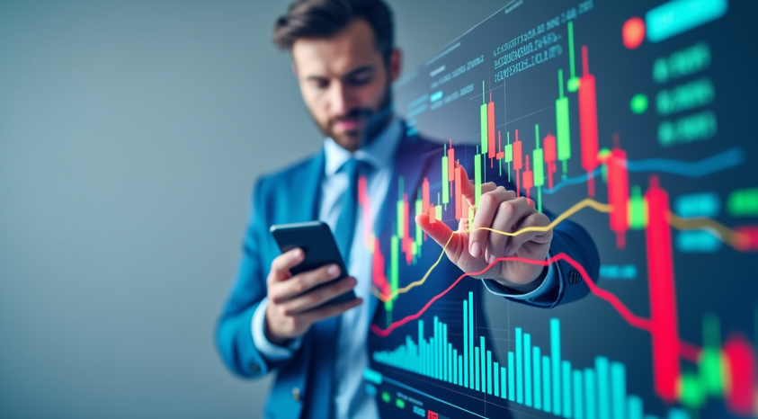 Person in a suit pointing at a screen with colorful financial charts, indicating market analysis.