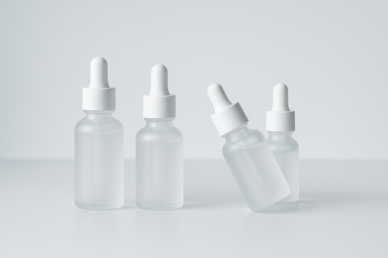 Four frosted glass dropper bottles with white caps, one tilted and three standing upright, used for liquid products.