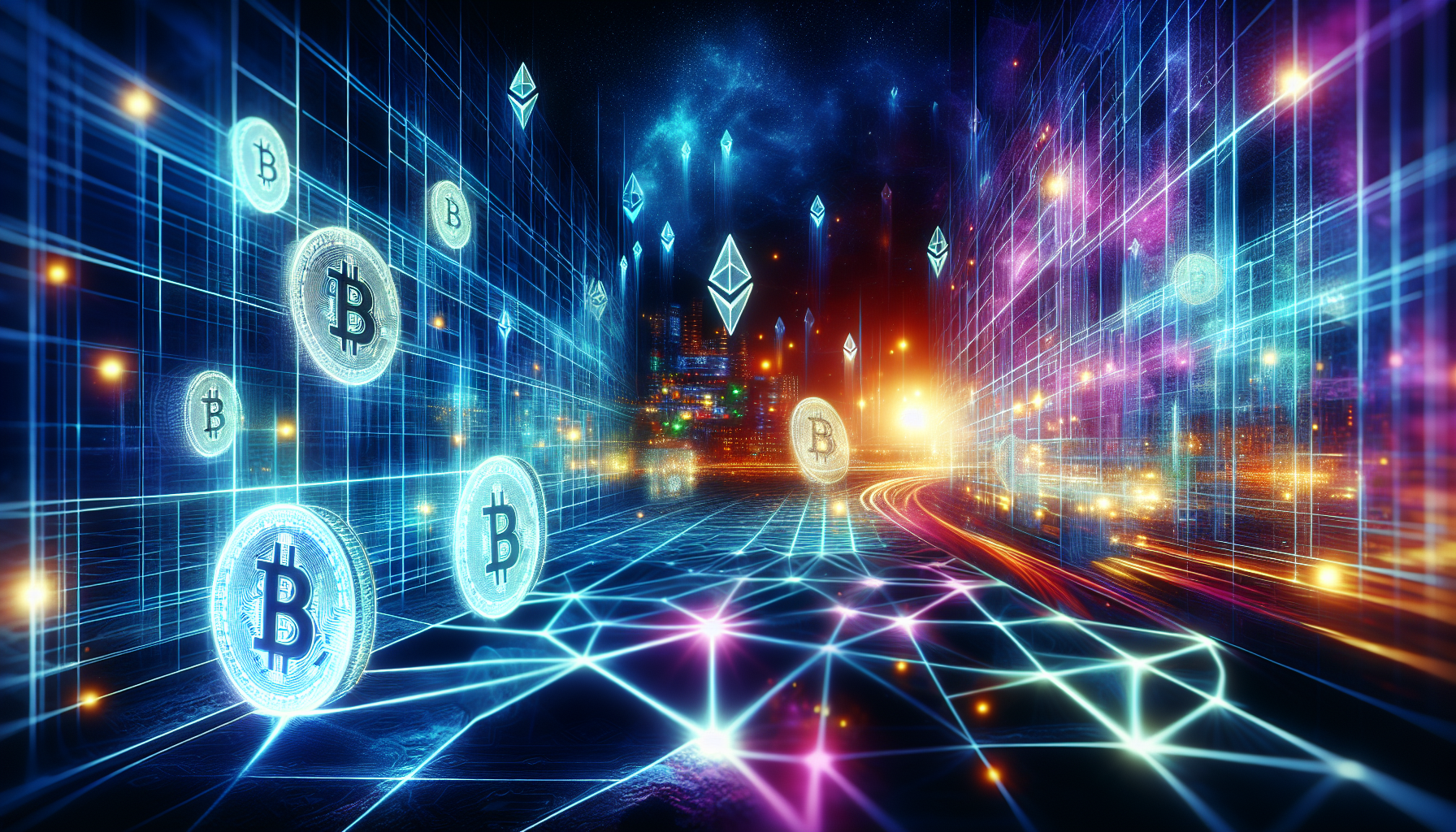 Futuristic digital city with glowing Bitcoin and Ethereum symbols.