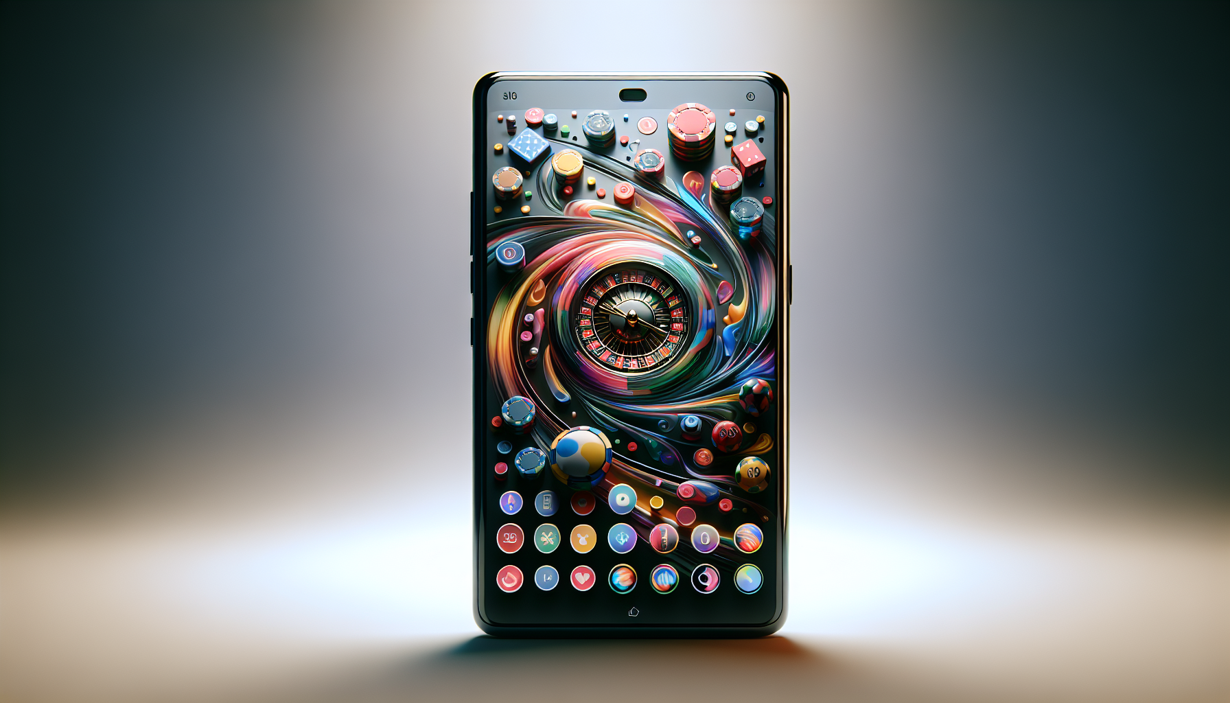 A smartphone displaying a colorful vortex of app icons centered around a roulette wheel on its home screen.