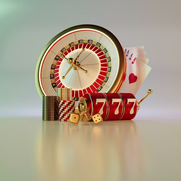 A clock, dice, and casino chips on a table