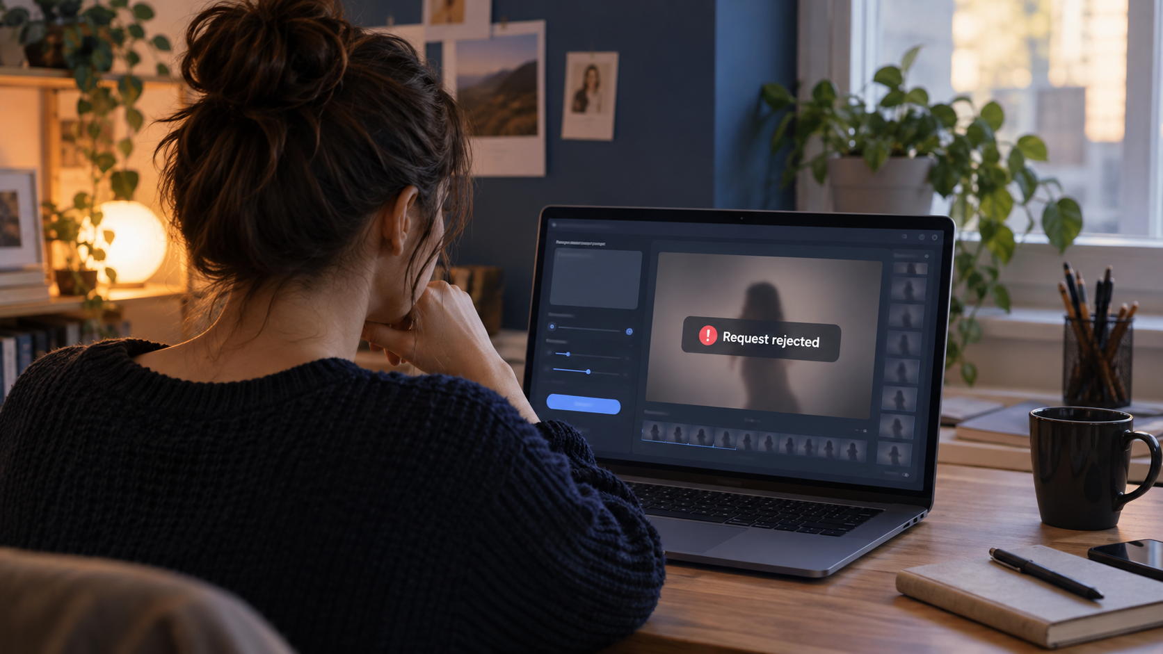 A creator at a laptop looking at an AI video preview with a 