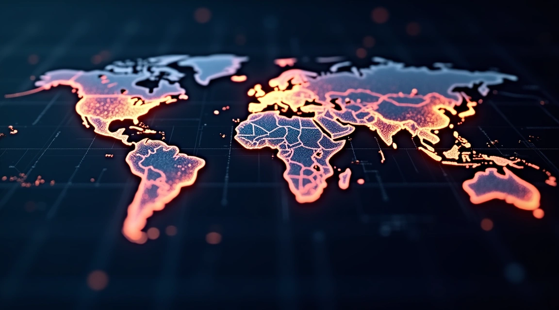 A glowing, digital world map on a dark background with orange-lit continents and data grid lines.