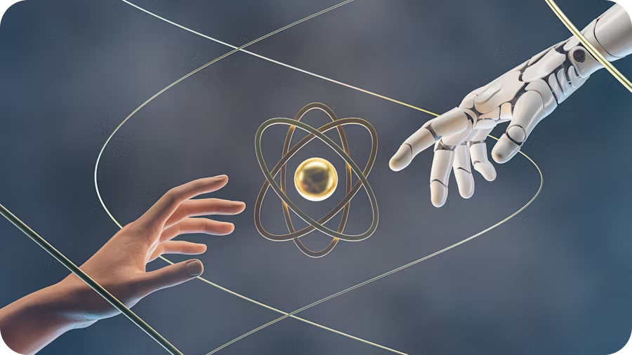 A human hand and a robotic hand reaching towards each other near a glowing golden atom symbol.
