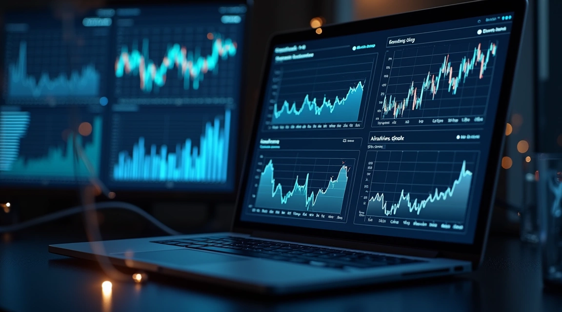 A laptop screen showing glowing financial graphs in a dark room.
