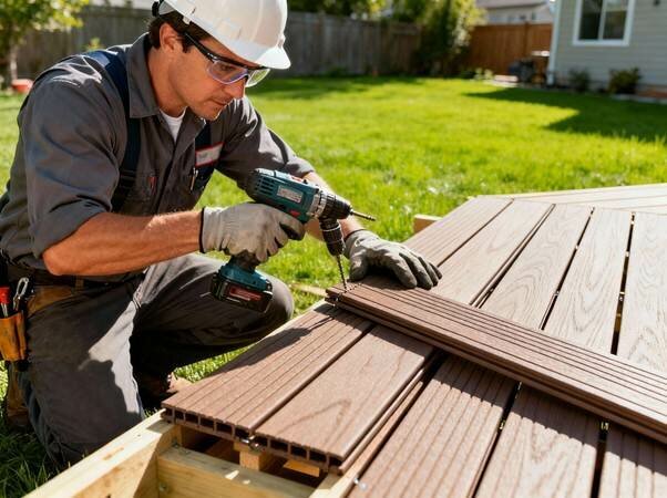 A man in overralls working on a deck