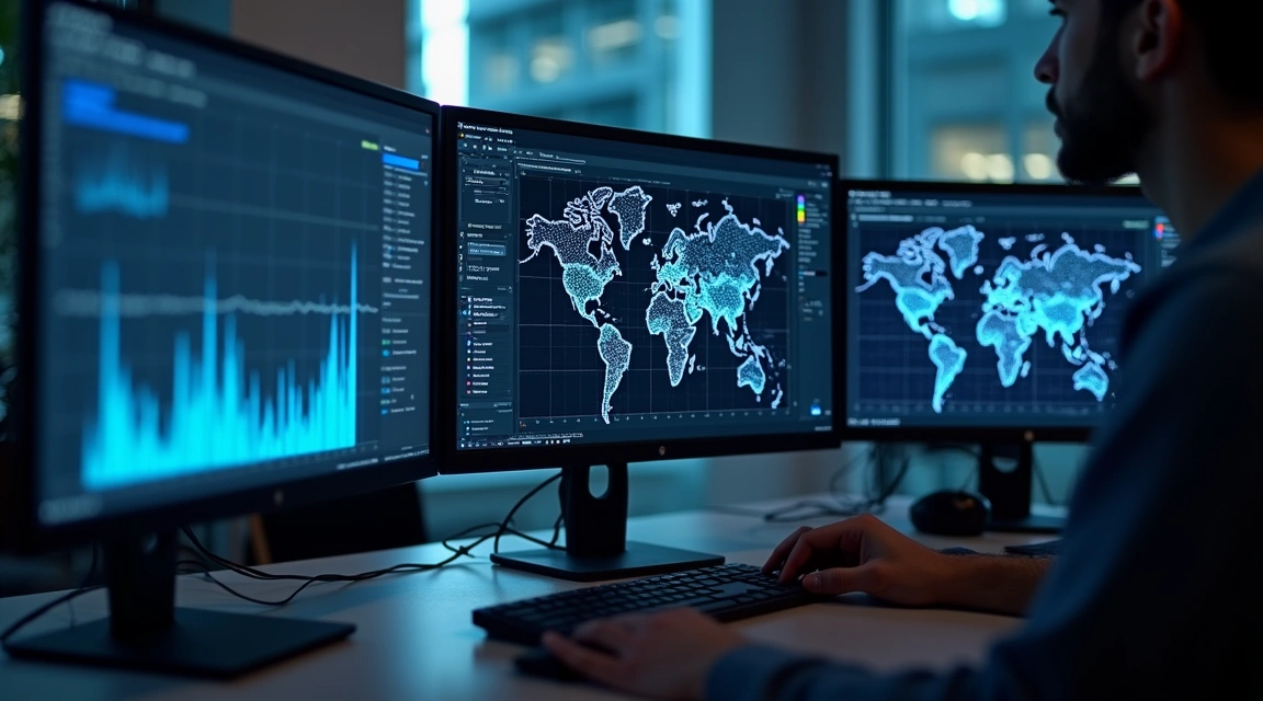 A person working at a desk with three computer monitors displaying digital world maps and data charts in a dark room.