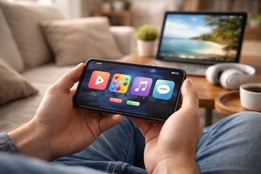 A person&rsquo;s hands holding a smartphone horizontally, displaying colorful app icons for video, games, music, and messaging, with a laptop and headphones in the background.