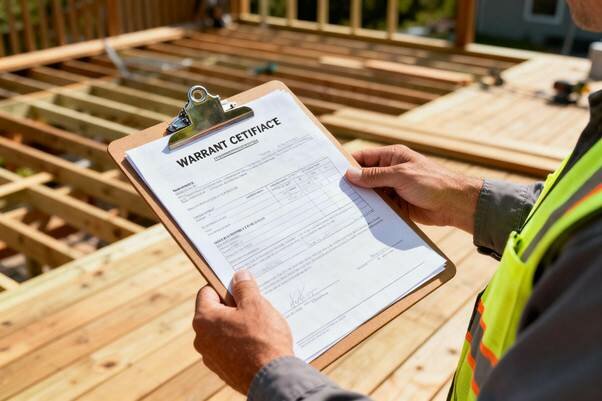 A repairperson holdin a warranty certificate on a clipboard
