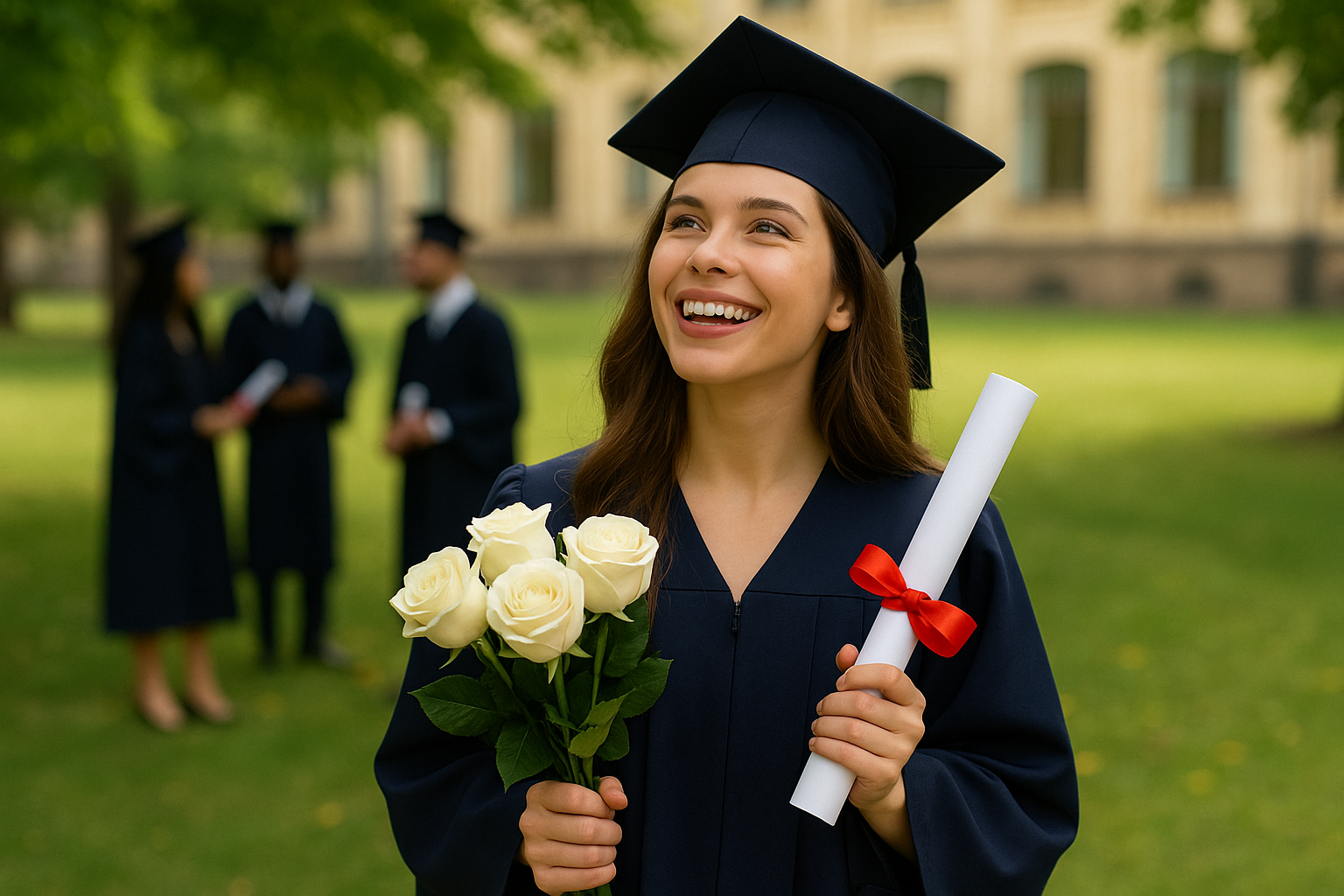 A smiling female graduate in a cap and gown holding a diploma and a bouquet of white roses on a campus lawn.