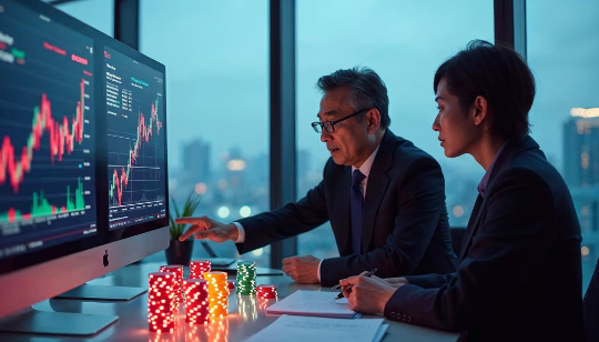 Japan’s Casino Policy: 2 Japanese Business People looking at growth graphs on computer screens gambling chips glowing on desk