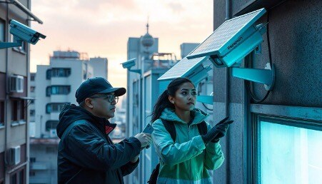 Couple outside looking at Solar-Powered Security Systems in blue tones