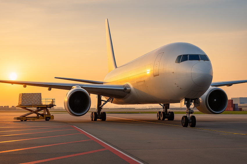 Air cargo China to UAE - photo of cargo being loaded onto plane on tarmac with sunset in background
