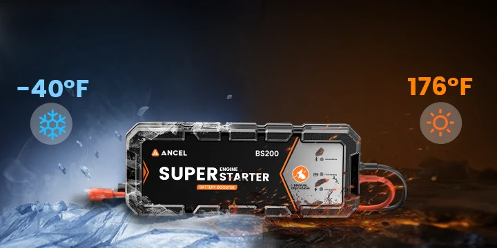 An ANCEL BS200 Super Engine Starter battery booster shown operating in extreme temperatures ranging from -40&deg;F to 176&deg;F.