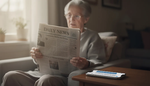 An elderly person is sitting comfortably while reading a newspaper, with a smartphone beside them displaying text related to the Nagaland state lottery results