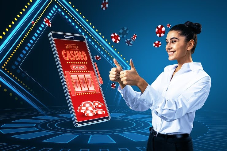 Online casino and gaming gambling on device concept Happy european businesswoman and smartphone with creative slot machine and other games