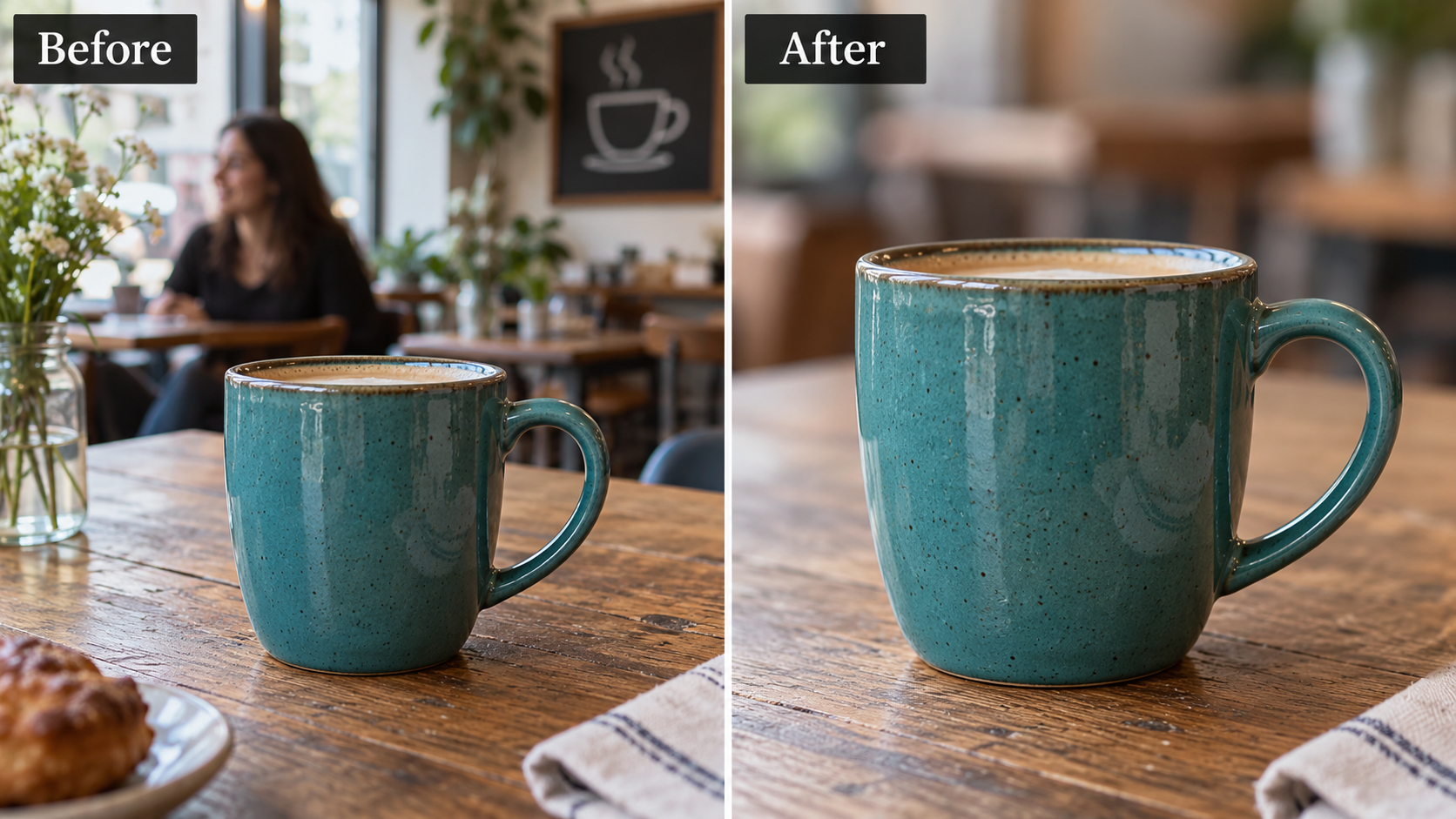Before and after comparison of a coffee mug reference photo: a stranger's face and a shop sign in the background before, a tight crop with a blurred background after.