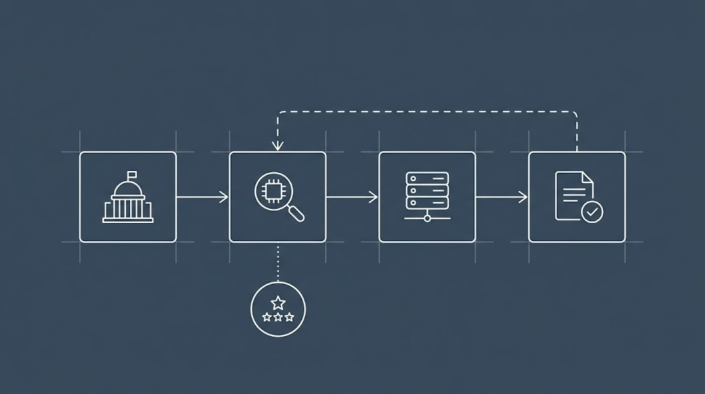 Blueprint-style schematic of a certification chain linking regulator, testing lab, operator and audit records