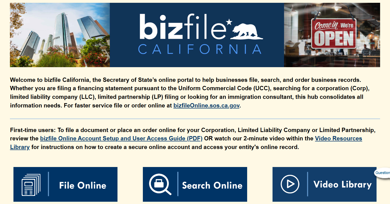 California’s Bizfile page