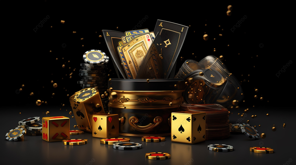 Elegant Casino Icons Slot Machine Playing Cards Crown Dice And Golden Goblet Golden Accents In Stunning 3D Illustration Background