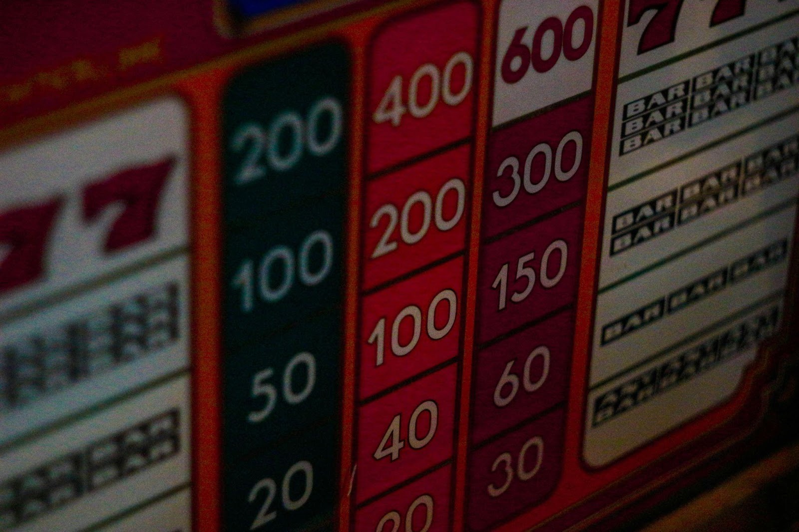 Close-up of a slot machine pay table showing columns of numbers and the word "BAR".