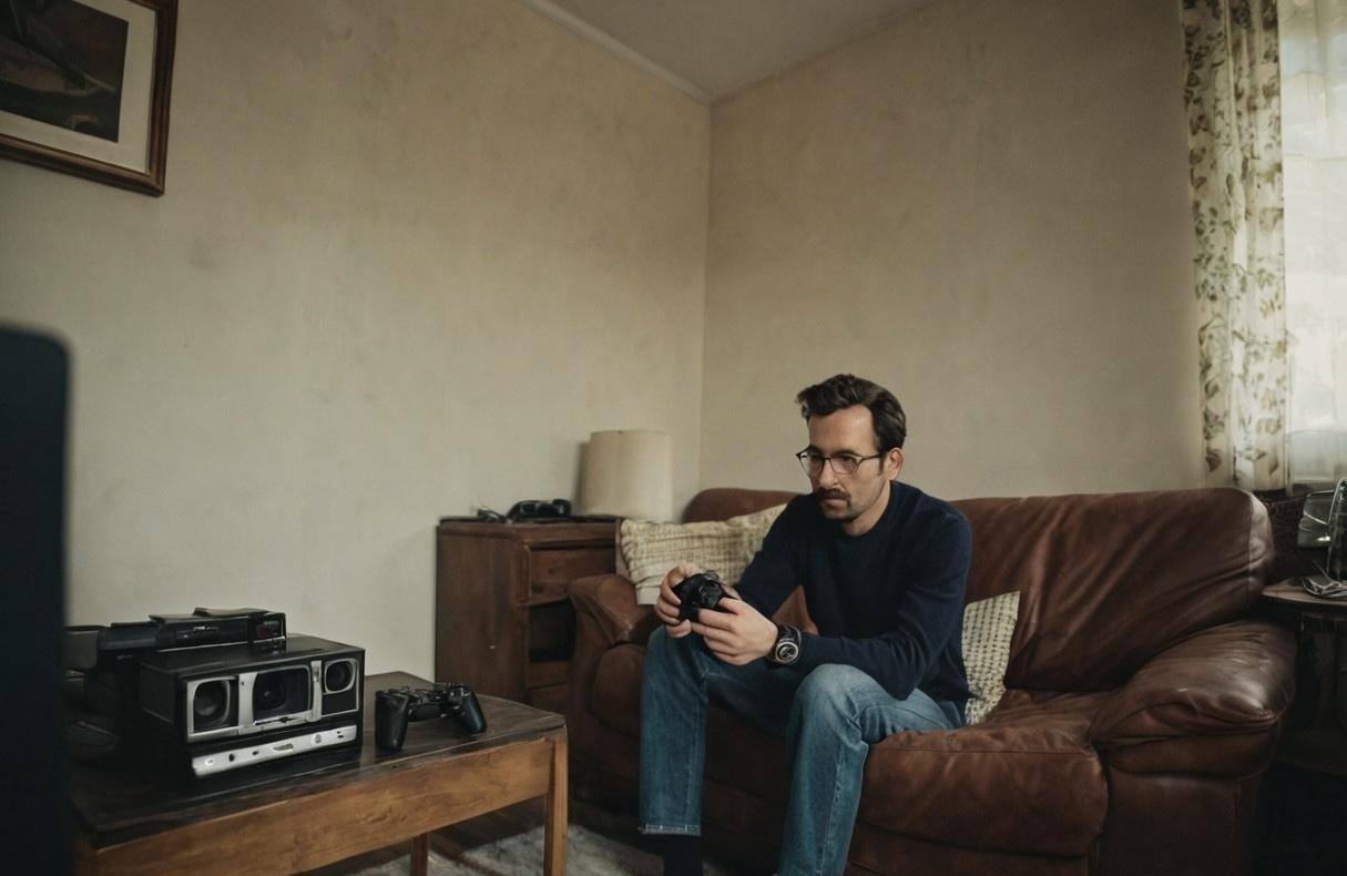 A man sits on a couch, holding a game controller, with a retro console on the table.