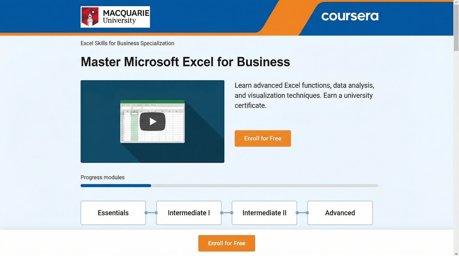 Coursera Macquarie Excel Skills for Business specialization page screenshot