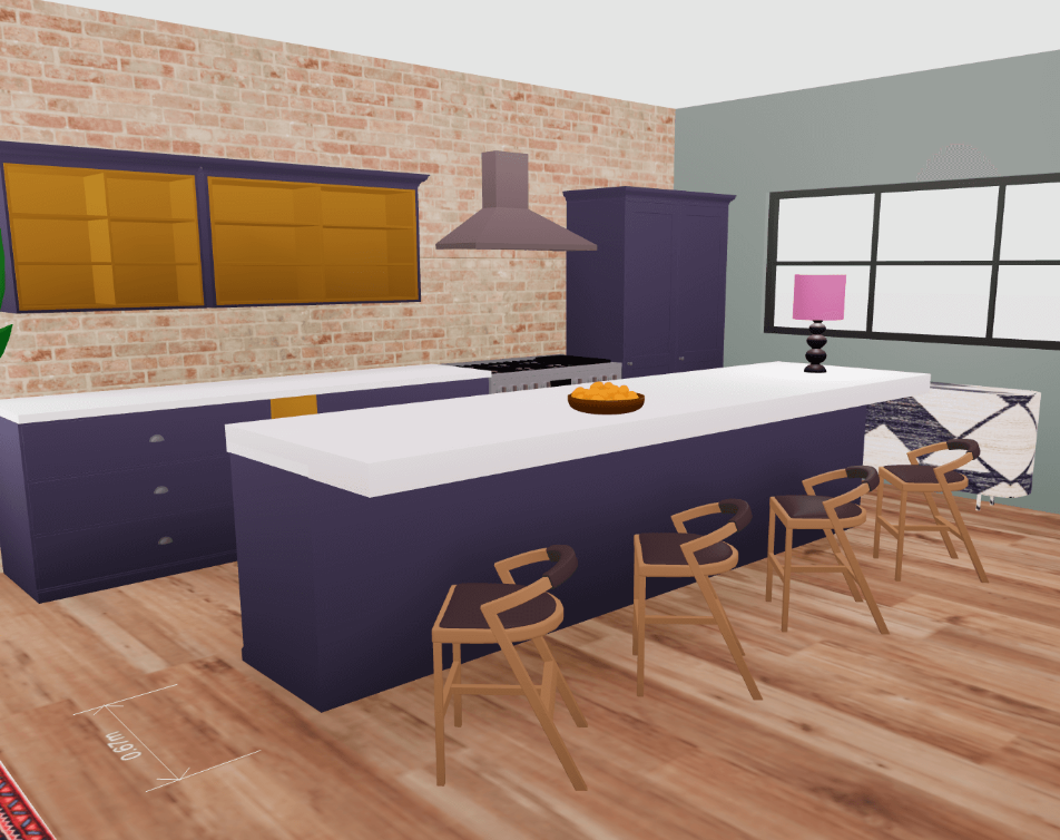 Modern kitchen with purple cabinets, wooden bar stools, and a white island countertop.