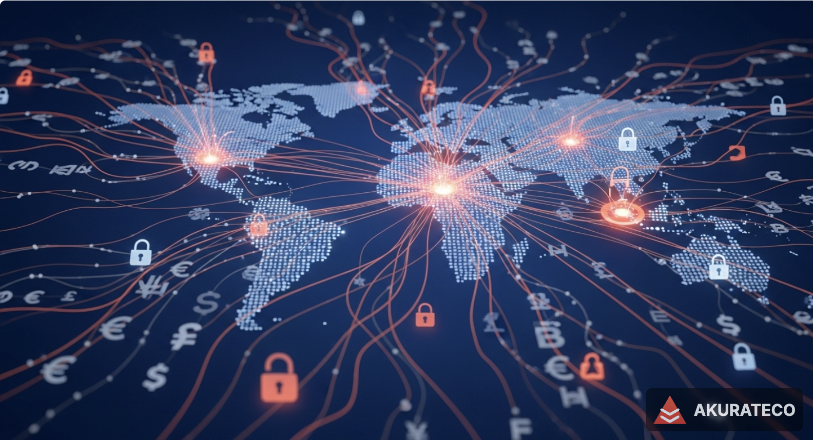 Digital world map with glowing network connections, padlock icons, and currency symbols, representing global cyber security.