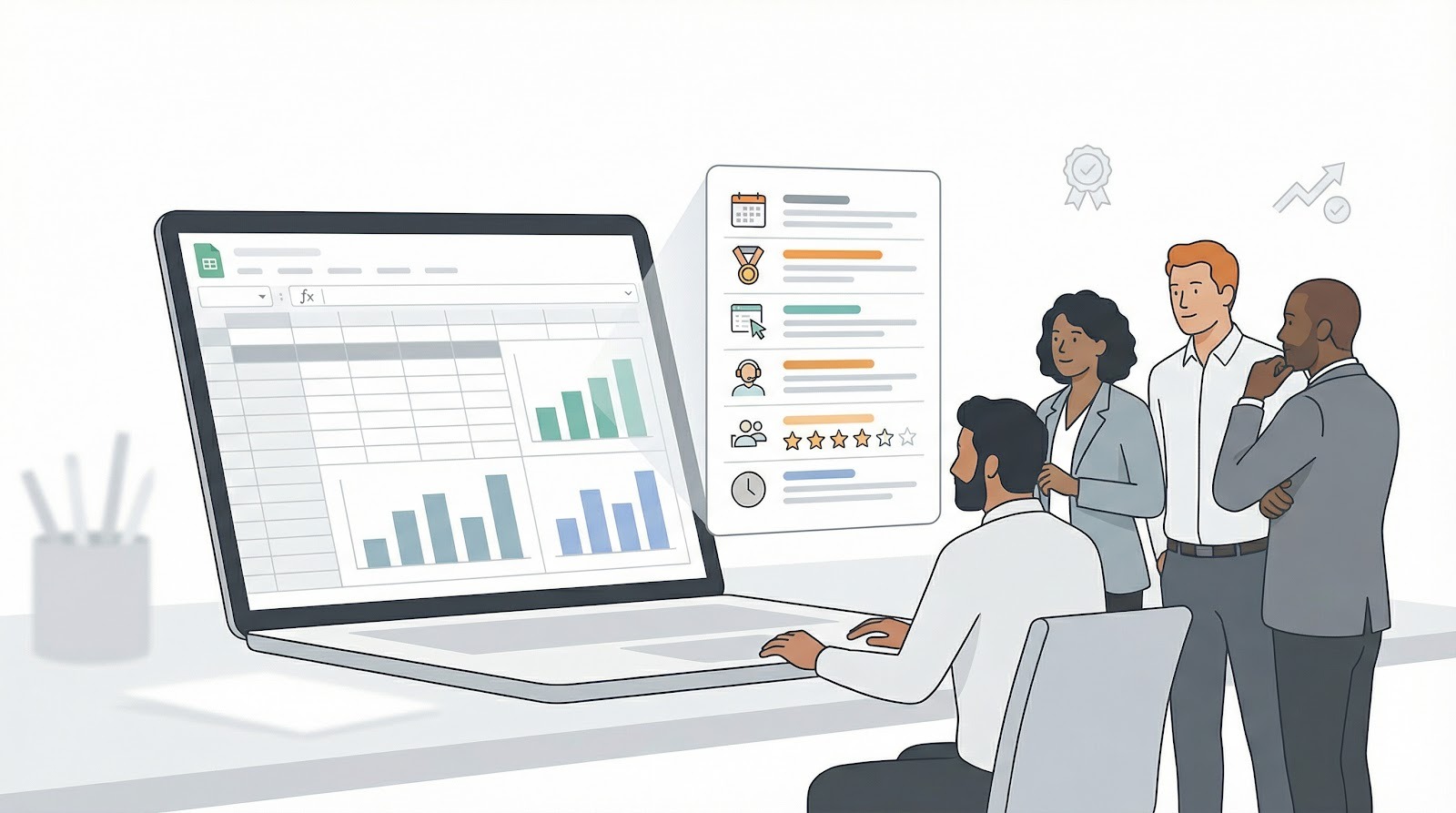 Diverse professionals reviewing advanced Excel certification options on a laptop with a scorecard panel