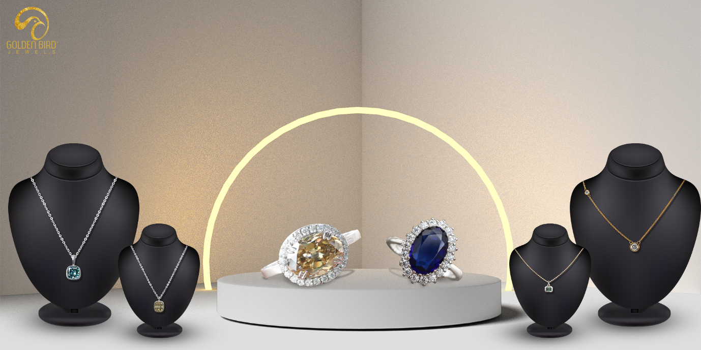 Elegant display of gemstone rings and pendant necklaces.