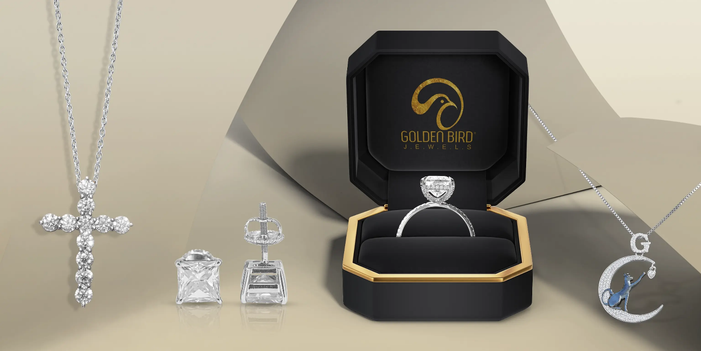 Elegant jewelry collection with diamond pendants, studs, and a ring