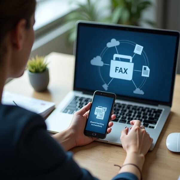 A person views a "FAX" graphic on a laptop screen while holding a smartphone displaying a similar digital fax interface.